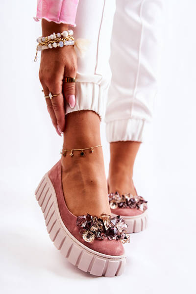 Suede Ballerinas On A Platform With A Ornament Pink Ladette