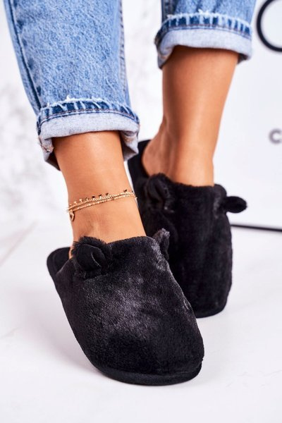 Pantoufles En Fourrure Pour Femme Avec Petites Oreilles Hippopotame Noir