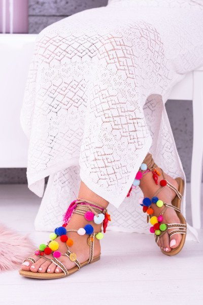 Lu Boo | Sandale colorate cu pompon roman gladiator