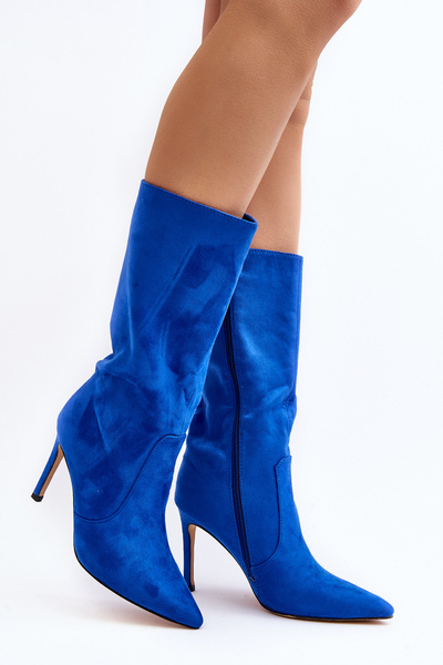 Damenblaue kniehohe Stiletto-Stiefel Odetteia