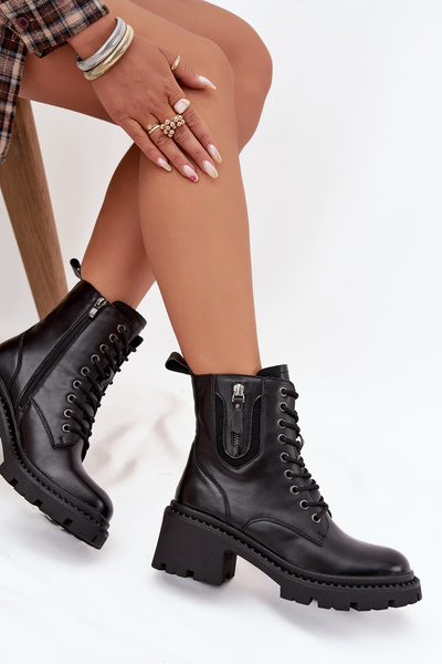Botine din piele pentru femei cu toc bloc Vinceza 86418 Negru