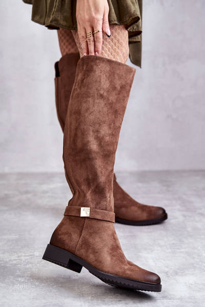 Damenstiefel aus Veloursleder mit flachem Absatz Braun Henrike