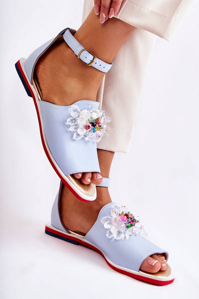 Női bőr szandál díszítéssel, kék Nevassa