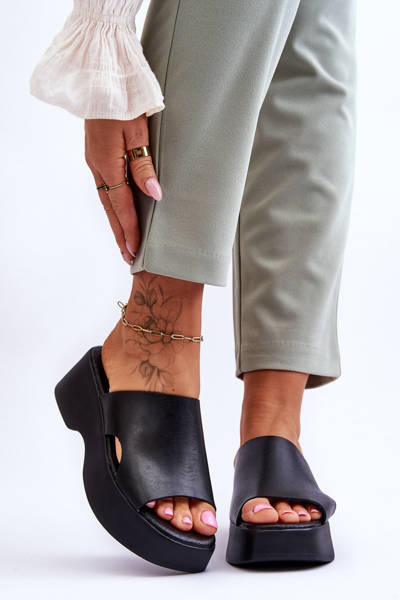 Women's Leather Platform Sandals Black Lucami