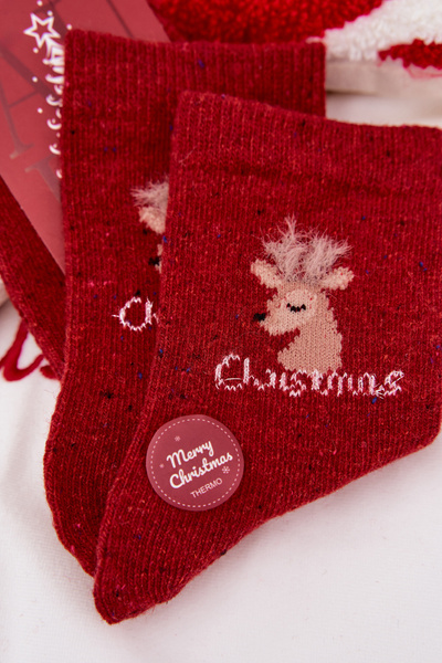 Chaussettes de Noël pour femmes avec renne laine d'alpaga rouge