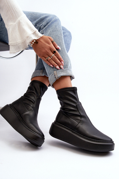 Zazoo 3395 bőr női csizma Chunky Platform fekete