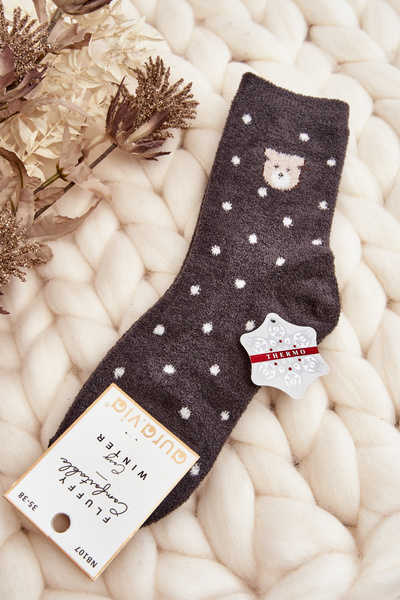 Damen warme gepunktete Socken mit dunkelgrauem Teddybär