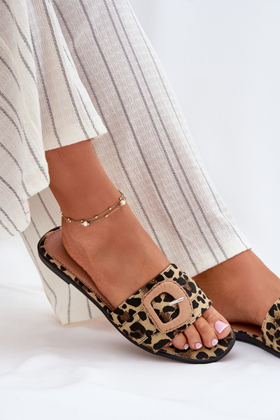Flache Damenpantoletten Mit Dekorativer Schnalle Leopard Clariola