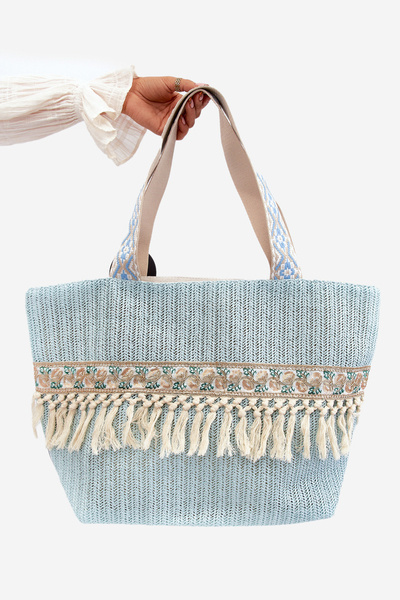 Grand Sac de Plage Tissé à Pompons Bleu Missalori
