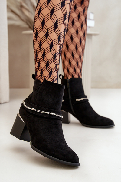 Bottines chaudes pour femmes à talon avec chaîne en daim écologique noir Hanalen
