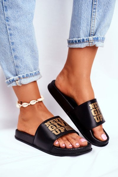 Women's Never Give Up Flip Flops Gold Black
