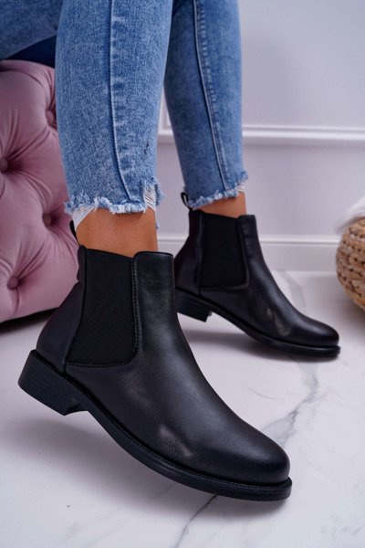Cizme pentru femei din piele cu călcâi plat Barski Black W1901