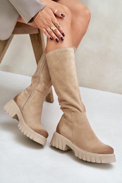 Wildleder Kniehohe Stiefel Gefüttert Beige Zazoo 70145