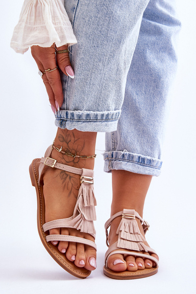 Flache Damen Wildleder Boho Beige Lucami Sandalen