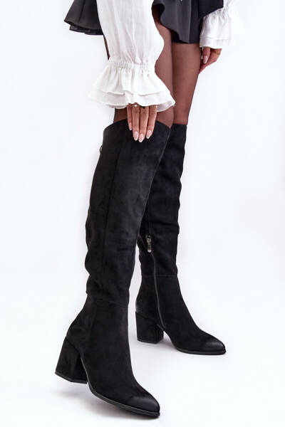 Damen Lederstiefel Über Dem Knie Schwarz Favana