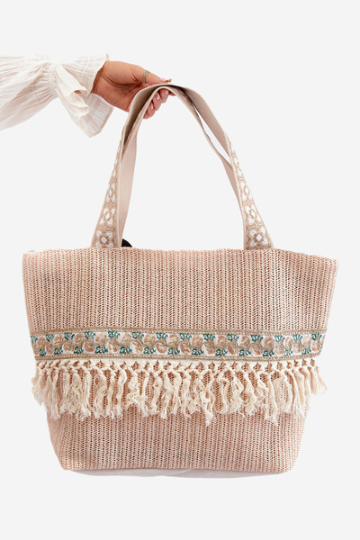 Woven Large Beach Bag With Tassels Nude Missalori