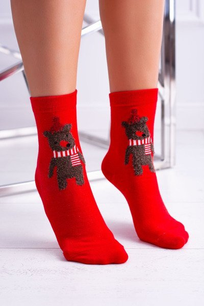 Women's Christmas Socks Red With Teddy Bear