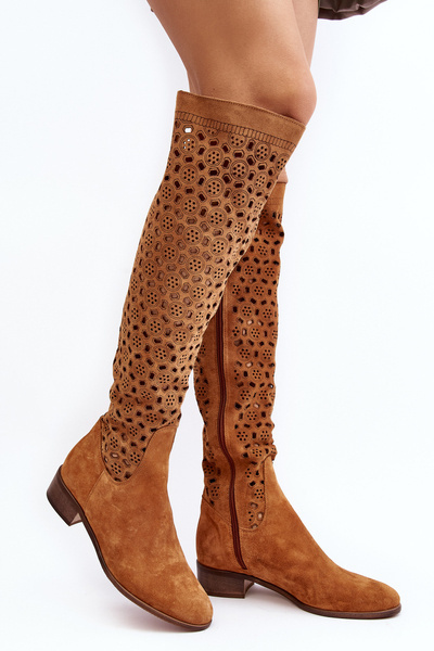 Bottines en Daim à Motif Découpé Pointe Camel