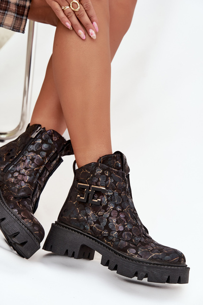 Botine din piele pentru femei cu decor captusite Artiker 57C2084 Negru-auriu