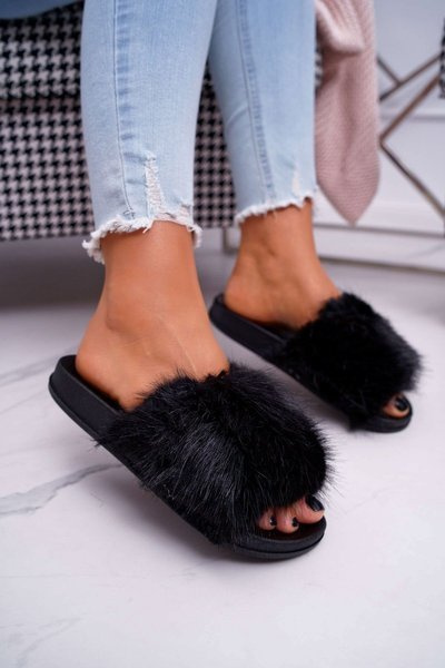 Tongs Femme avec Fourrure Noir NiceFur