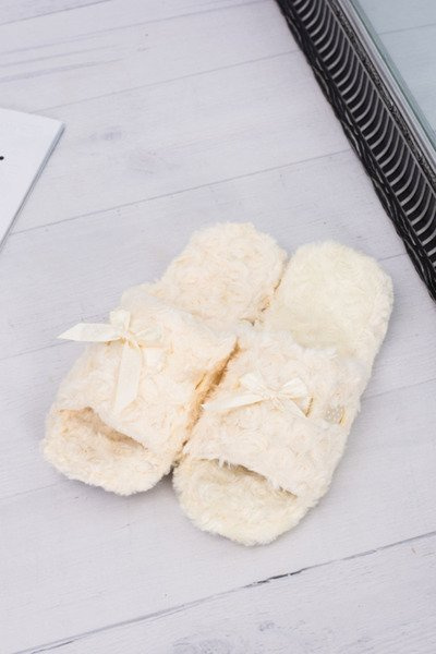 Women's Flip Flops Home Beige Slippers with Ribbon