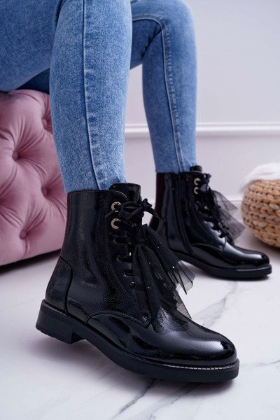 Women's Lacquered Flat Boots Black Barski 39-2