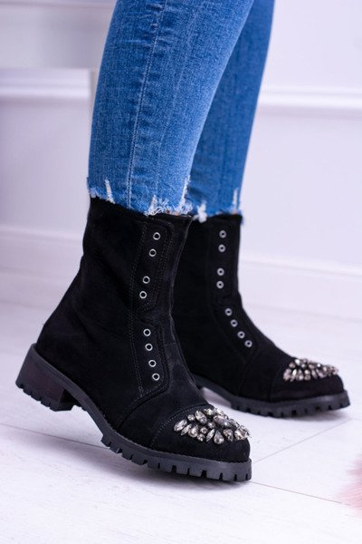 Lu Boo | Juodi moteriški kulkšnies batai, cirkonio zomšiniai Carrie