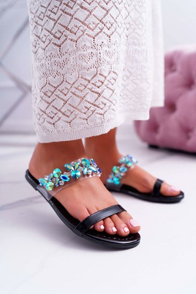 Damen Lu Boo Elegante Zirkonia Flip Flops Schwarz Elementar