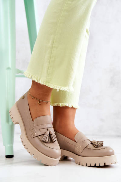 Damen Leder Fransen Hausschuhe Maciejka 05497-04 Beige