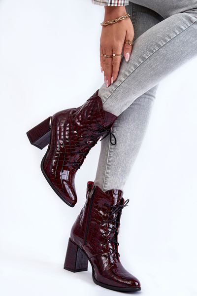 Women's Laquered Ankle Boots Crocodile Pattern Burgundy Alva