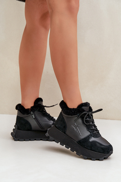 Baskets En Cuir Bottines Femmes Avec Fourrure Sur Plateforme Big Star OO274A329 Noires