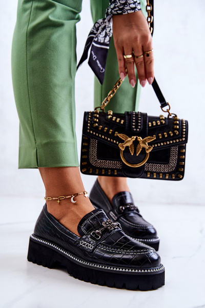Pantofi din piele șarpe cu ornament negru adison