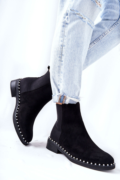 Chaussons Bottines en Daim avec Perles Noir Jilanna
