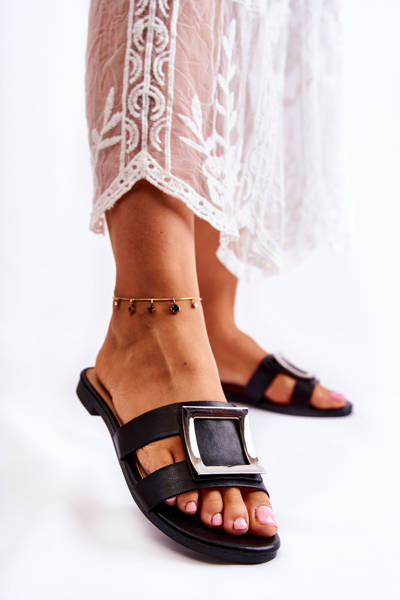 Chaussons En Cuir Pour Femme Avec Décoration Noir Roysa