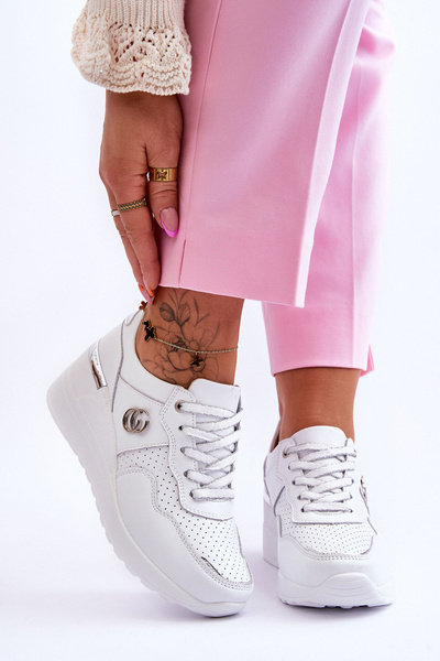 Women's Leather Wedge Sports Shoes White and Silver Rebeca
