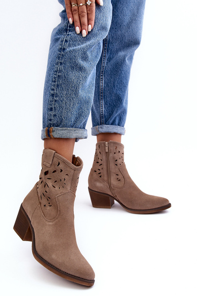 Samt Cowboy-Stiefel Mit Lochmuster D&A SN622-20 Dunkelbeige