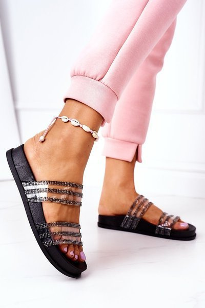 Guminės šlepetės su kubiniu cirkonio oksidu, juodu pasiilgau tavęs