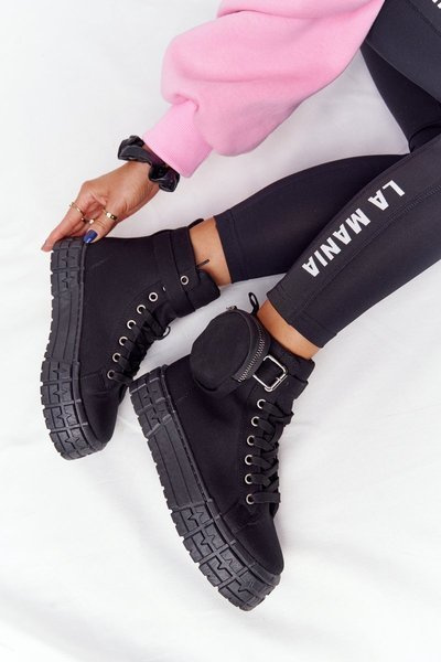 Damen Plateau Tennisschuhe mit Aktentasche Schwarz Popcorn