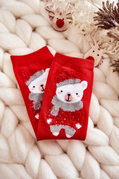 Chaussettes de Noël amusantes pour femmes, ours en peluche dans une casquette rouge
