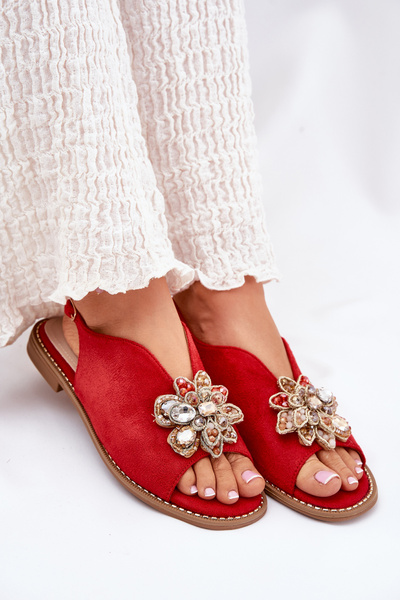 Sandales Femme À Talon Plat Avec Décoration S.Barski KV27-001 Rouge