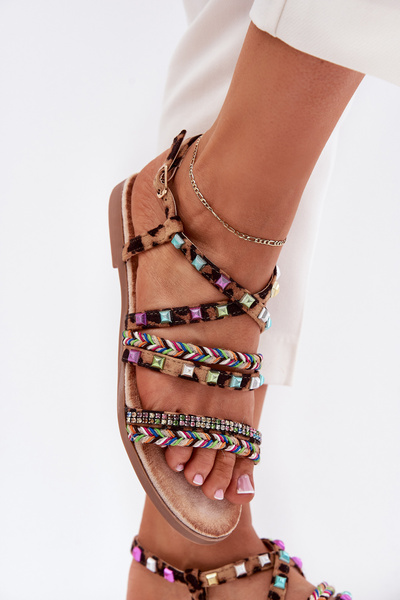 Ladies sandals with decoration and woven straps leopard Delyra