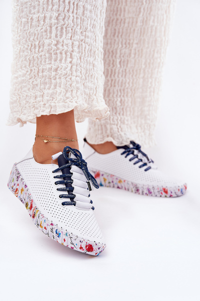Chaussures En Cuir Sur Une Plateforme À Motifs Artiker 52C1713 Blanc-Marine