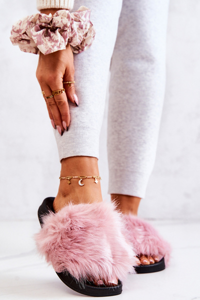 Šlepetės su kailiu guma Rožinė Pollie