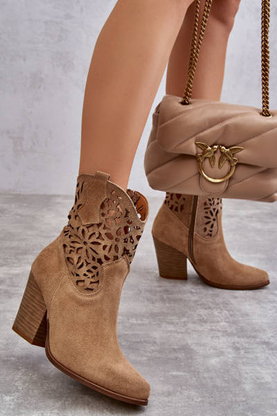 Suede Openwork Cowboy Boots Lewski Shoes 3265 Dark Beige