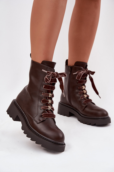 Cizme de damă izolate cu șnur decorativ ciocolată Elindra