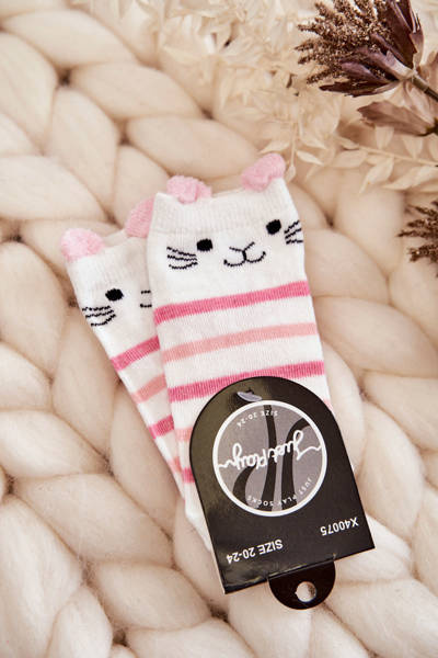 gestreifte Kindersocken mit Teddybär Weiß und Rosa