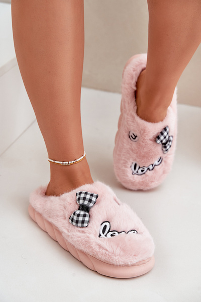 Chaussons Fourrure Pour Femme Avec Patchs Et Noeud Rose Linnorelia