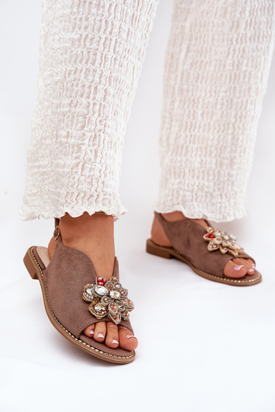 Sandales Dames À Talon Plat Avec Décoration S.Barski KV27-001 Beige Foncé