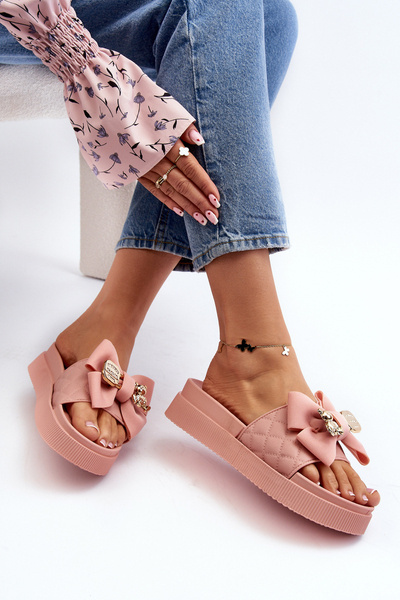 Damen Hausschuhe mit Schleife und Teddybär Rosa Katterina