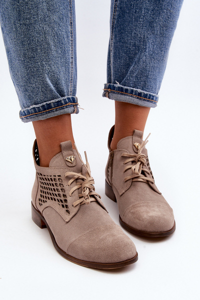 Zazoo 2878 Low Cutout Women's Suede Boots Beige